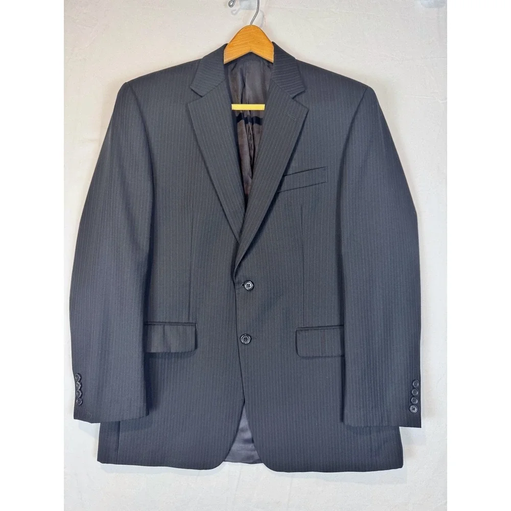 Lauren Ralph Lauren 40R Black Grey‎ Pinstripe Blazer Black Suit Coat Wool RL 40